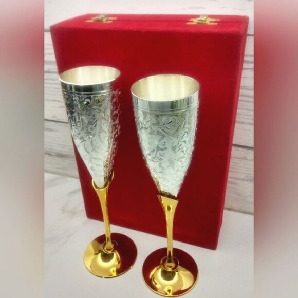 Vintage Champagne Flutes Glasses Brass Silver Plate  From Calcutta India - Picture 2 of 16